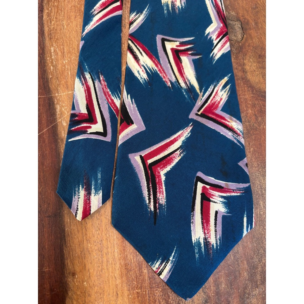 vtg HALSTON III necktie mens teal blue abstract geometric italian silk wide tie
